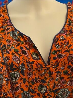 Maeve silk top - medium; Orange Floral Print-with Navy Trim , short sleeves
